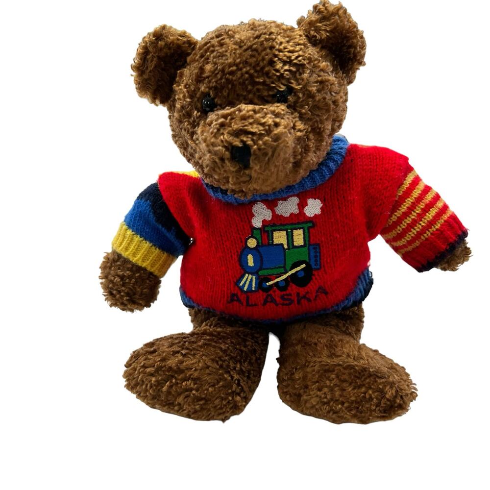 Arctic Circle Plush Bear with Alaska Train Sweater Brown Red Blue Stuffed Plushy